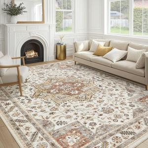 Vintage Living Room Area Rug 9x12 - Large Soft Washable Oriental Traditional Distressed Farmhouse Rugs for Bedroom - Indoor Floor Accent Carpet for Home Office House Decor - Golden Taupe
