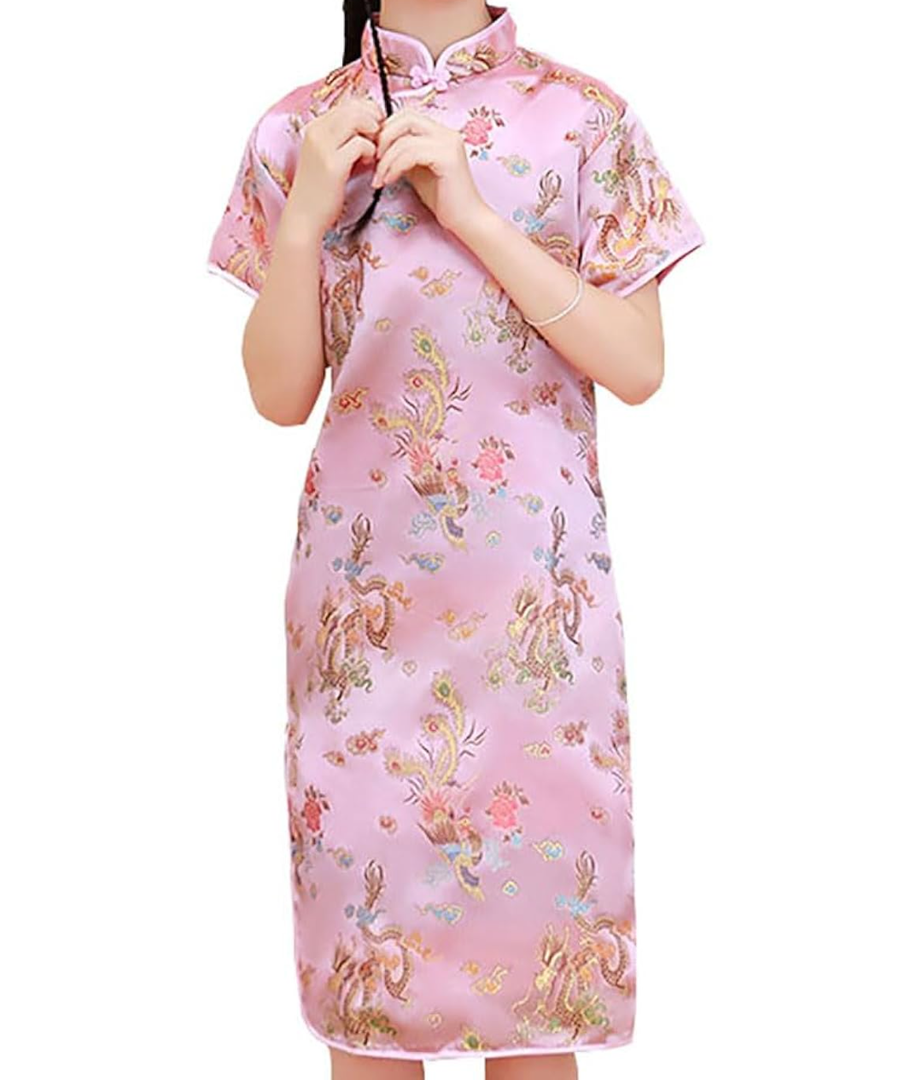 Girls Chinese Qipao Dress Dragon Pattern Short Sleeve Cheongsam Costume for Birthday Party Wedding, 9-10 Years