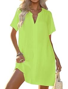 Halife Bathing Suit Cover Up for Women V Neck Summer Bikini Swimsuit Coverup Short Sleeve Beach Coverup Dress Vacation Outfits Neon Green, Medium