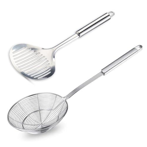 TENTA Kitchen Multi Kitchen Utensil Stainless Steel Cooking Skimmer Slotted Fish Turner Spatula Spoon Colander Drain Water Filter Spoon Ladle Spider Strainer Skimmer Ladle for Cooking &Frying (2pcs)
