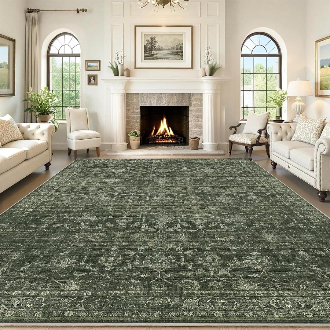 Washable Area Rug 9x12 Green Rugs for Living Room, Vintage Boho Large Rug for Bedroom Dining Room Office, Distressed Floral Print Carpet for Under Table, Soft Non Slip Low Pile Throw Carpet Indoor Mat