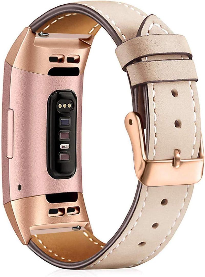Mornex Leather Band Compatible with Fitbit Charge 3 and Charge 4, Metal Rose Gold Connectors and Apricot Leather