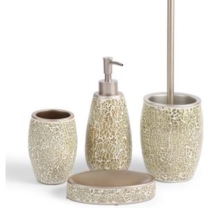 Exquisite Gold Glass Sequins Resin Bathroom Accessory Set,4 Pcs - Soap Dish,Lotion Dispenser,Toothbrush Cup,Toilet Brush & Holder,Modern Luxury Bathroom Set