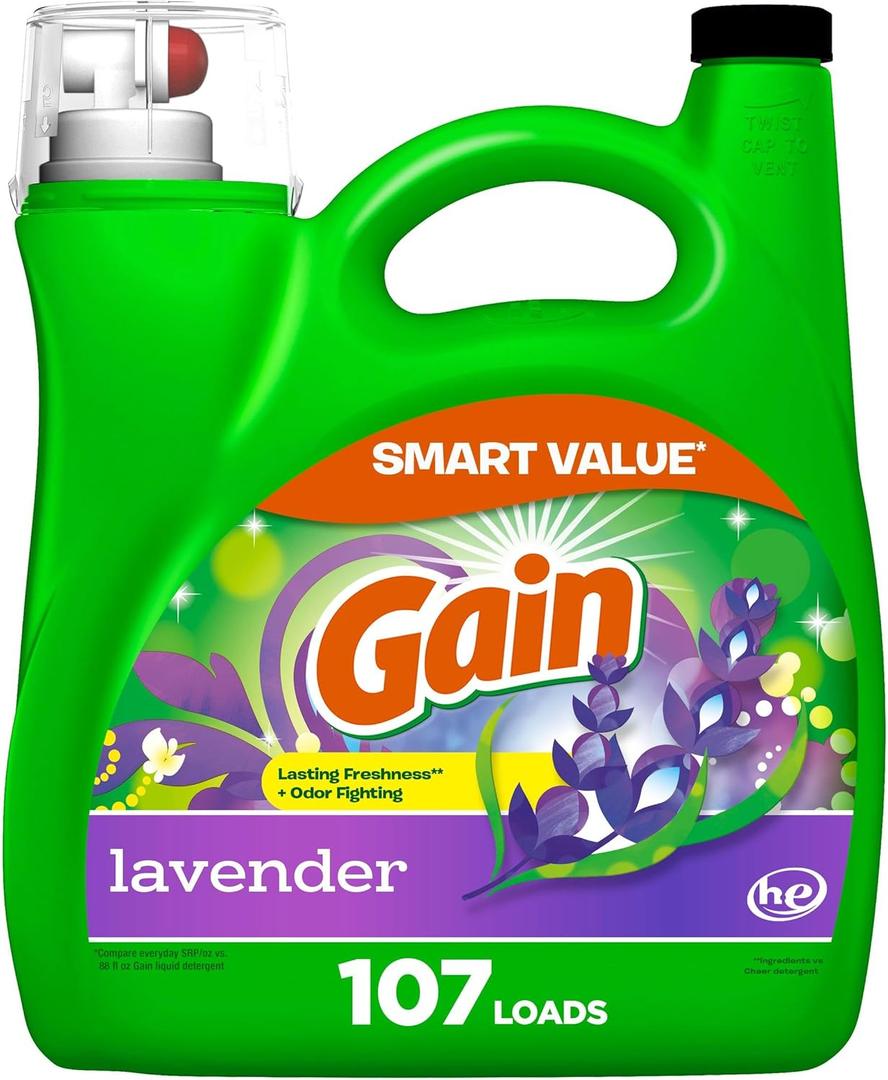 Gain Liquid Laundry Detergent, Lavender Scent, 154 fl oz, 107 Loads, HE Compatible, Laundry Detergent Liquid Soap