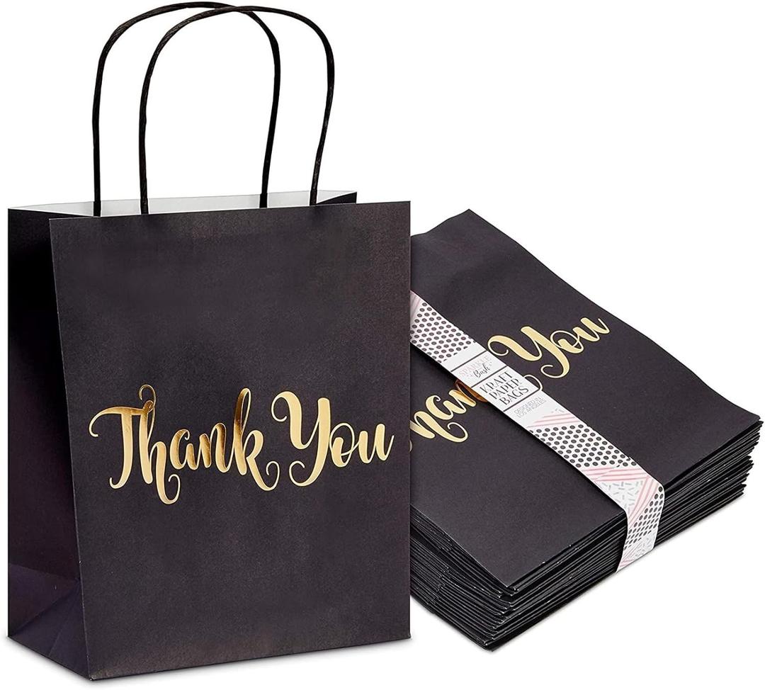 Sparkle and Bash 24 Pack Medium Black Thank You Party Favor Paper Goodie Gift Bags with Handles, Gold Foil