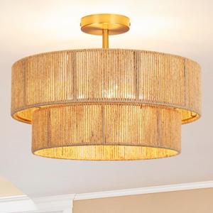 18" Boho Semi Flush Mount Ceiling Light Gold Rattan Ceiling Light Farmhouse Ceiling Lamp with Natural Hemp Rope Lampshade for Dining Room Living Room Bedroom Kitchen