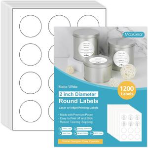 MaxGear 2" Round Sticker Labels, for Inkjet or Laser Printer, Matte White Printable Labels Sheets, Strong Adhesive, Dries Quickly, Holds Ink Well, 100 Sheets, 1200 Pcs