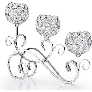 OwnMy 3 Arms Crystal Bowl Tealight Holder Candelabra Candle Holders, Crystal Votive Candle Stand Ornament Tea Light Candlestick Candle Centerpieces for Dining Table Home Decoration Wedding (Silver)