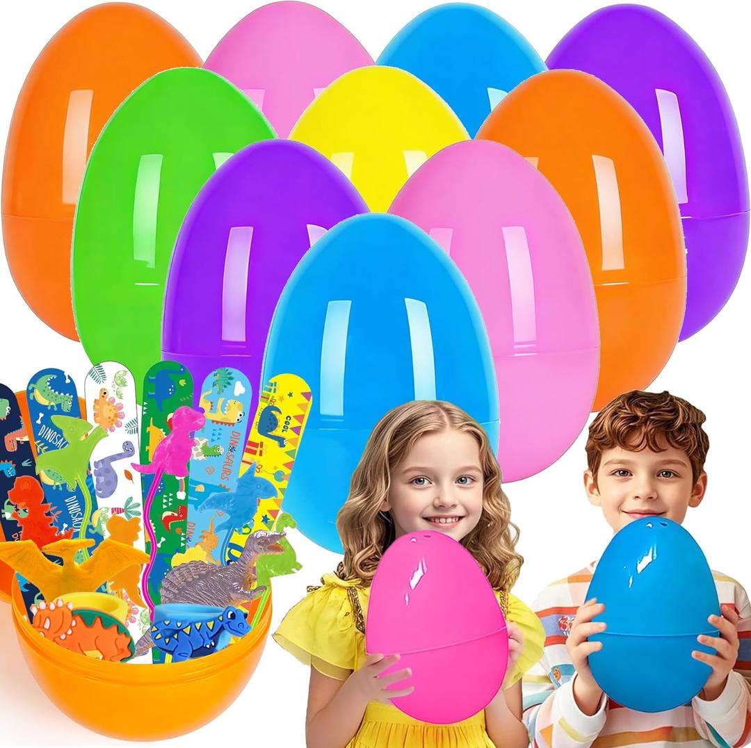 Large Easter Eggs, 12 Pieces 4.7" Jumbo Plastic Bright Solid Dinosaur Easter Egg Filled with Small Toys, Dinosaur Easter Theme Party Favor, Basket Stuffers Fillers, Classroom Prize Supplies Toy