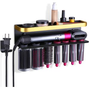 Wall Mount Holder for Dyson Airwrap Styler, White Storage Rack Organizer for Hair Curling Iron & Attachments Space-Saving Bathroom Bracket Stand, No-Drill Installation, Black-Gold