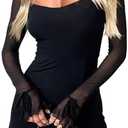 HYPERFIRE Women's Mesh Long Sleeve Square Neck Split Hem Party Club Cocktail Bodycon Mini Dress, L