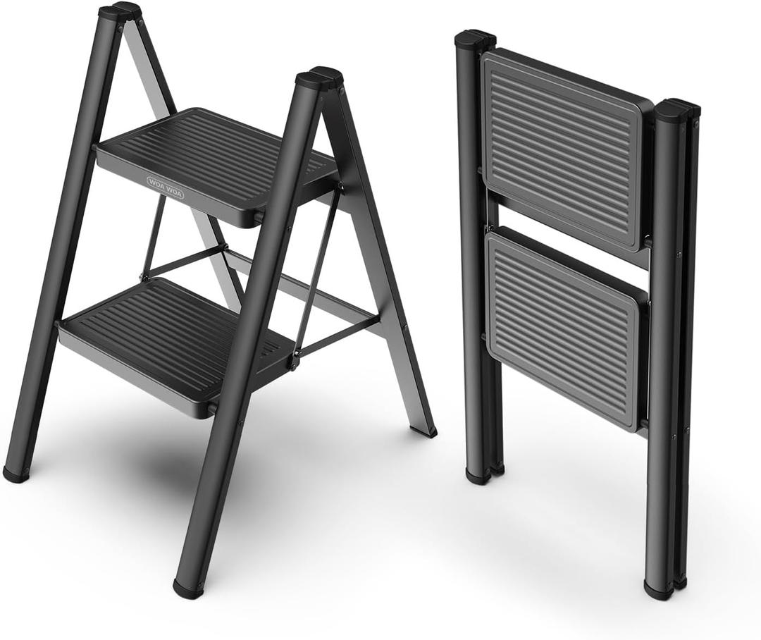 WOA WOA 2 Step Ladder, Step Stool Foldable with Wide Pedals, Portable Stepping Stool for Adults, Sturdy Steel Ladders for Home with Anti-Slip Feet, Hold 330 lbs - Black