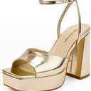 Modatope Platform Heels for Women Platform Sandals Womens Chunky Heel Open Toe Pumps Ankle Strap Womens Wedding Party Pumps Shoes, Gold, 7.5