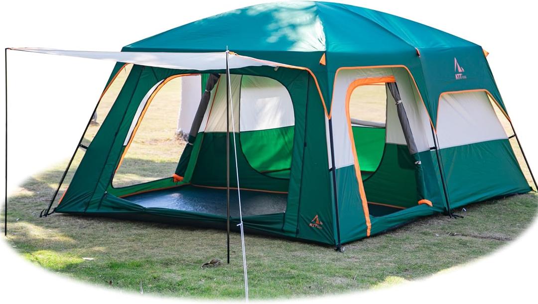 KTT Extra Large Tent 10-12-14 Person(B),Family Cabin Tents,2 Rooms,3 Doors and 3 Windows with Mesh,Straight Wall,Waterproof,Double Layer,Big Tent for Outdoor,Picnic,Camping,Family Gathering (Green)