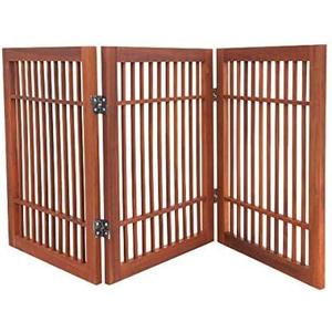 Urnporium Freestanding Wooden Dog Gate Foldable Indoor Pet Gate No Drill Expandable Barrier for Doorways Stairs Hallways Portable Wood Fence for Small Dogs & Puppies (Brown Pet Gate, 3 Panel 24" Tall)