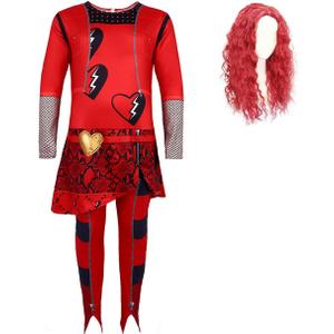 2 x Red Costume Jumpsuits for Girl Rise Red with Wig Bodysuits with Skirt Party Dress up for 4-10Y (5-6Years)