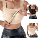 CHICME Womens U Neck Shapewear Built-in Bra Tank High Strechy Sleeveless Slim Fit Tops Camisole Workout Tops (Black+nude 2pcs), Medium