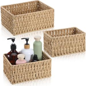 3 Pack Wicker Baskets for Organizing, Toilet Tank Basket for Bathroom, Hand-Woven Paper Rope Wicker Baskets, Toilet Paper Storage Basket for Toilets Tank Top for Shelves