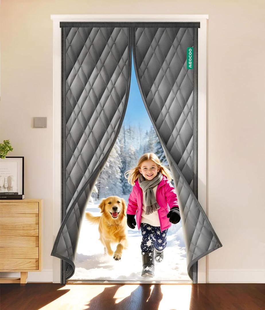AEOCOO Insulated Door Curtains, Fit Size up to 36 x 80 Inches for Doorways/Front/Back/Basement, Magnetic Thermal Door Cover for Winter, Oxford Filled with Thick Cotton to Keep Warm, Grey, Diamond