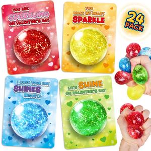 24 Pack Valentine's Day Cards for Kids with Stretchy Balls, Valentines Gifts for Kids Classroom School Exchange, Kids Party Favors and Prizes Squeeze Toy for Kids