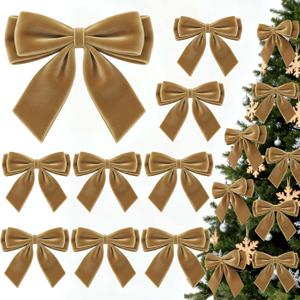2 x 12Pcs Velvet Bows for Christmas Tree, Light Brown Bows Christmas Decorations with Twist Tie, Bulk Velvet Vintage Ornaments for Wreath Garland Gift Wrapping Wedding Champagne Parties Decor, 6*6in (Kahki)