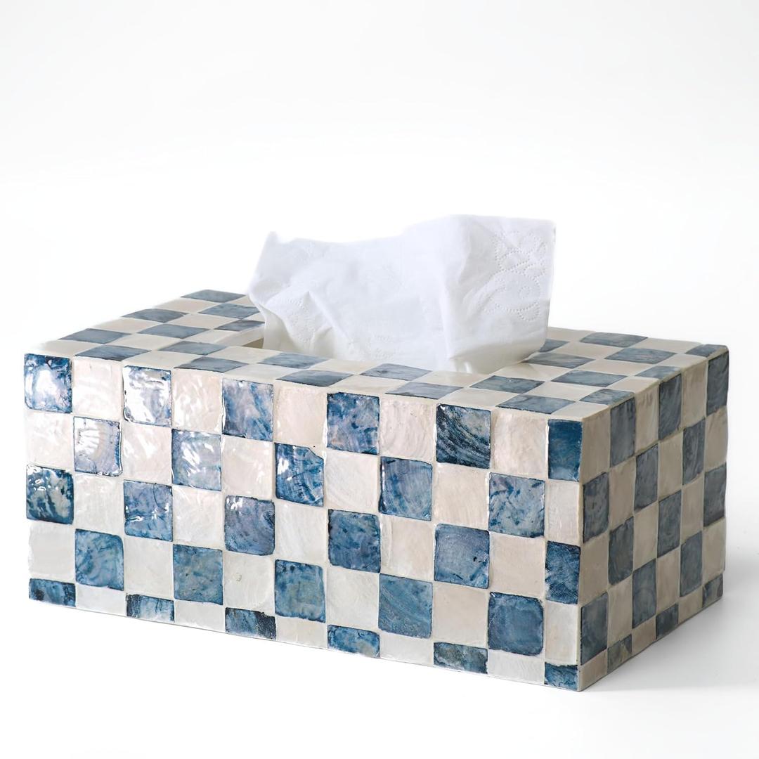 CHI AN HOME Rectangle Checkered Tissue Box Cover Handmade with Capiz Shells, Decorative Tissue Box Holder for Living Room, Bathroom or Kitchen Counter (Navy Blue)