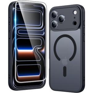 FNTCASE for iPhone 17 Pro Case: Matte Magnetic Phone Cases with Screen Protector Compatible with Magsafe Slim Anti Yellowing Rugged Shockproof Protective Translucent Cell Phone Cover (C-Black)