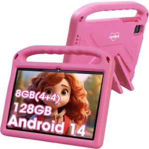 weelikeit 2025 Upgraded Kids Tablet, 10 Inch Android 14 Tablet for Kids, 8GB (4+4) RAM + 128GB Storage, 6000mAh Long Battery, Dual Cameras, Great Tablet for Toddlers, Case Included (Pink)