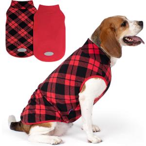 cyeollo 2 Pack 2XL Dog Sweater, Warm Fleece Doggy Vest Pullover Sweatshirt Dog Jacket Reflective Stretchy Pet Clothes Cold Weather Coats for Medium to Large Dogs Boy & Girl, Red & Buffalo Plaid XXL