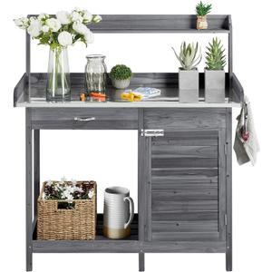 Yaheetech Outdoor Potting Bench Table, Garden Workstation w/Metal Tabletop/Cabinet Drawer/Open Top/Lower Shelf/Handy Hooks for Horticulture,Gray