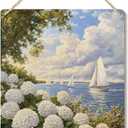 Wihte Hydrangea Floral Signs, Summer Coastal Landscape Wooden Plaque Signs Wall Hanging for Home Porch Front Door Decorations, Beachy Wall Decor, 10x8 Inch