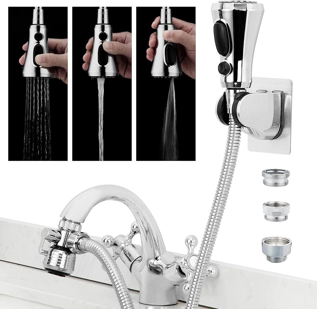 CECEFIN Kitchen Faucet Hose Attachment, Sink Sprayer Replacement Head with 4.9 Ft Stainless Steel Hose, Water Saving Aerator with 3Way Diverter Valve for Hair Washing Laundry Room and Pet Shower,G- Gery2- Aquablade Sprayer