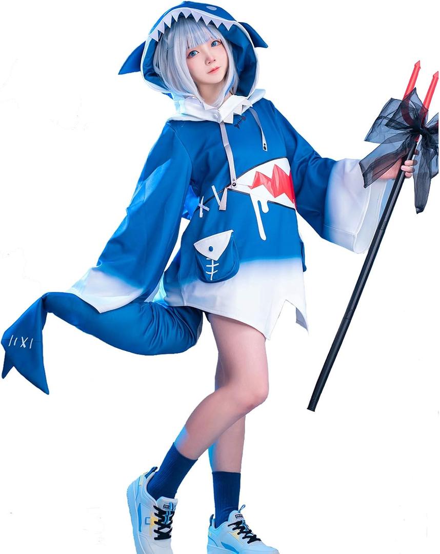 Nuoqi Gawr Gura Cosplay Costume Gawr Gura Shark Hoodie Jacket Outfit with Fish Tail (Small-Medium)