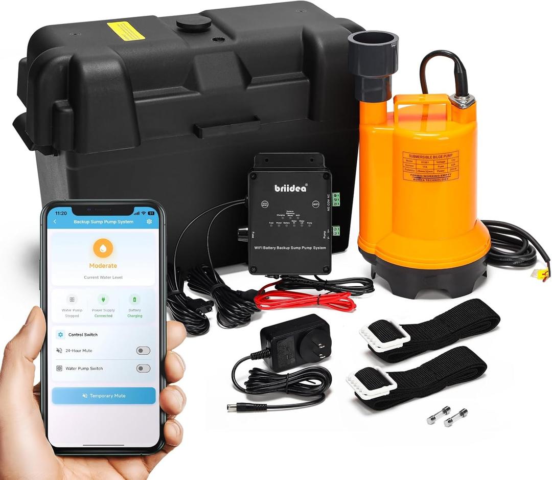 Briidea Battery Backup Sump Pump System for Basement, 2.4G & 5G WiFi, 9 LED Indicators, Smart Alarm, Electronic Water Level Sensor, 12V Battery Compatible (Battery Not Included)
