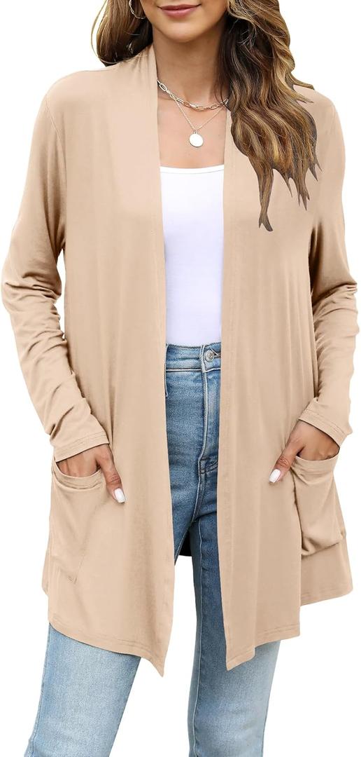 Yekaty Womens Lightweight Cardigans Open Front Long Sleeve Drape Kimono Cardigan Sweaters with Pockets (Beige, XXL)