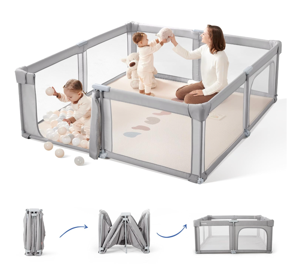 Sweeby Foldable Baby Playpen, 79x71 Playpens for Babies and Toddlers Large Play Yard with Door Baby Fence with Gate and Indoor & Outdoor Play Pen, Light Khaki