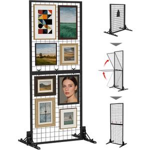 1-PACK Foldable Grid Wall Panels, Heavy Duty Double Sided Display Rack with T-Base Floor Stand - for Retail Stores, Craft Shows, Vendor Events, Merch Display - Includes 10 Free Hooks