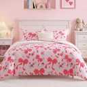 AMBERSPACE Queen Comforter Set for Girls, Pink Bow Bedding Set with Cute Floral, All Season Kids Bed in a Bag 7 Pieces with Sheets, Pillowcases & Shams