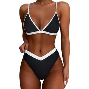 SUUKSESS Women Triangle High Cut Bikini Sets Sexy High Waisted 2 Piece Swimsuit (Medium, 57 Black White)
