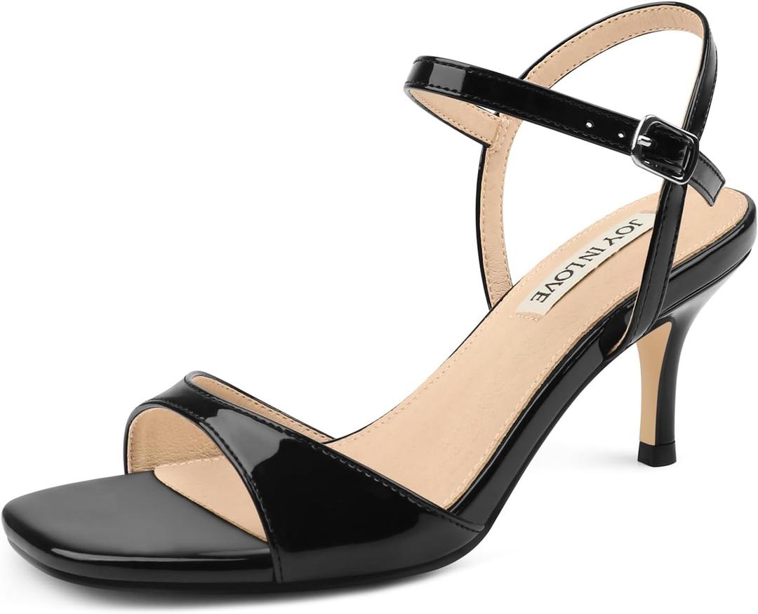 JOY IN LOVE Kitten Heels for Women Open Toe Ankle Strap Low Heel Sandals Party Wedding Dress Shoes Black Patent US7