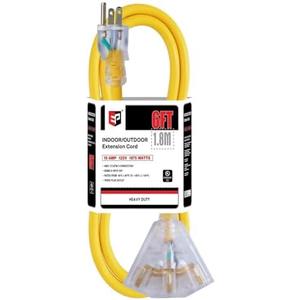 EP 6 Ft 12 Gauge Heavy Duty Extension Cord, 15A 125V 1875W, 3 Outlet Indoor/Outdoor Power Cord with Lighted End, 12/3 SJTW Weatherproof Yellow, UL Listed