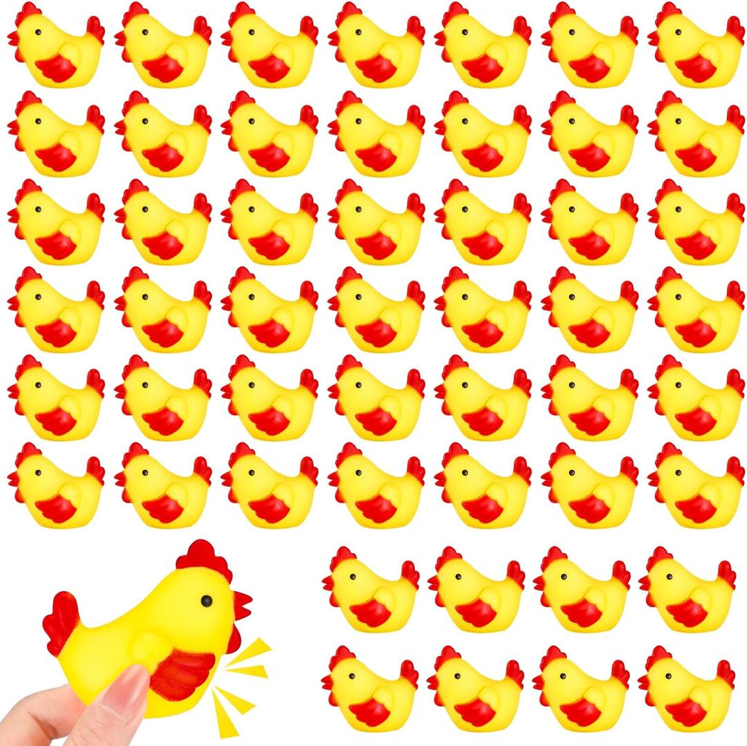 Silipull 50 Pcs Yellow Rubber Chicken Squeak Mini Rubber Chicks Squeezable Squeaky Toy Chicken Noisemaker for Shower Bath Birthday Novelty Favors Decorations Gift, 1.38 x 2.17 x 2.76 Inch, Small