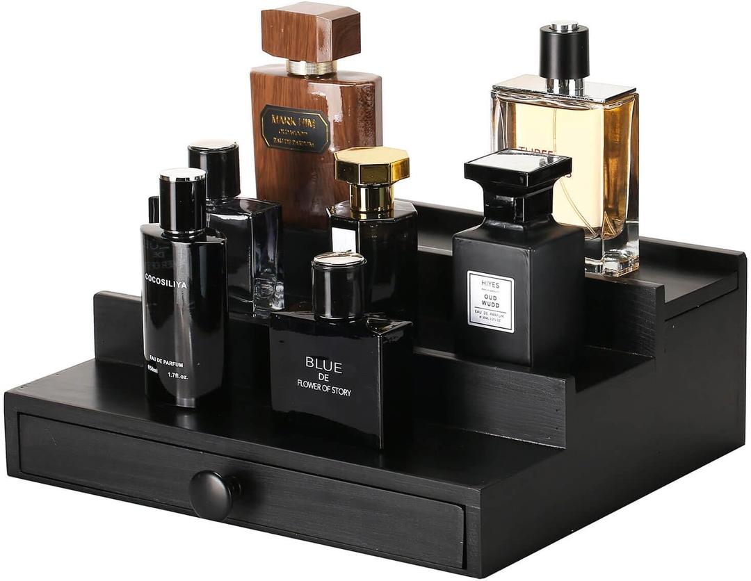 Black Wooden Cologne Organizer for Men - 3 Tier Wooden Perfume Display Stand with Drawer and Hidden Compartment for Organizing and Storing, Cologne Holder Shelf for Dresser