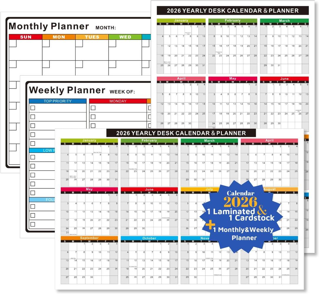 2026 Wall/Desk Calendar Set- 2-Pack 11x17 Inch Reversible (Vertical/Horizontal) Yearly Calendars (1 Thick Cardstock+1 Laminated) , Bonus 1-Pack Dry/Wet Erase Planner(Laminated) for Office, School, Home