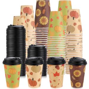 Zopeal 100 Pieces Thanksgiving 12 oz Disposable Coffee Cups with Lids Paper Hot Cup 4 Fall Design Patterns Cute Cups for Hot Tea Beverage Water Juice Dinner Wedding Event Holiday Decoration