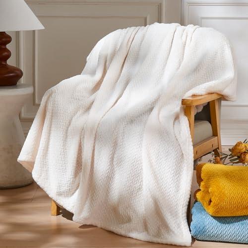 NEWCOSPLAY Super Soft Throw Blanket Ivory Premium Silky Flannel Fleece Leaves Pattern Lightweight Bed Blanket All Season Use (Ivory, Throw (50"x60"))