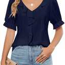 Blooming Jelly Womens Dressy Casual Blouse Business Short Sleeve Shirt Ruffle Pleated V Neck Work Summer Tops 2025 S Color: Deep Blue