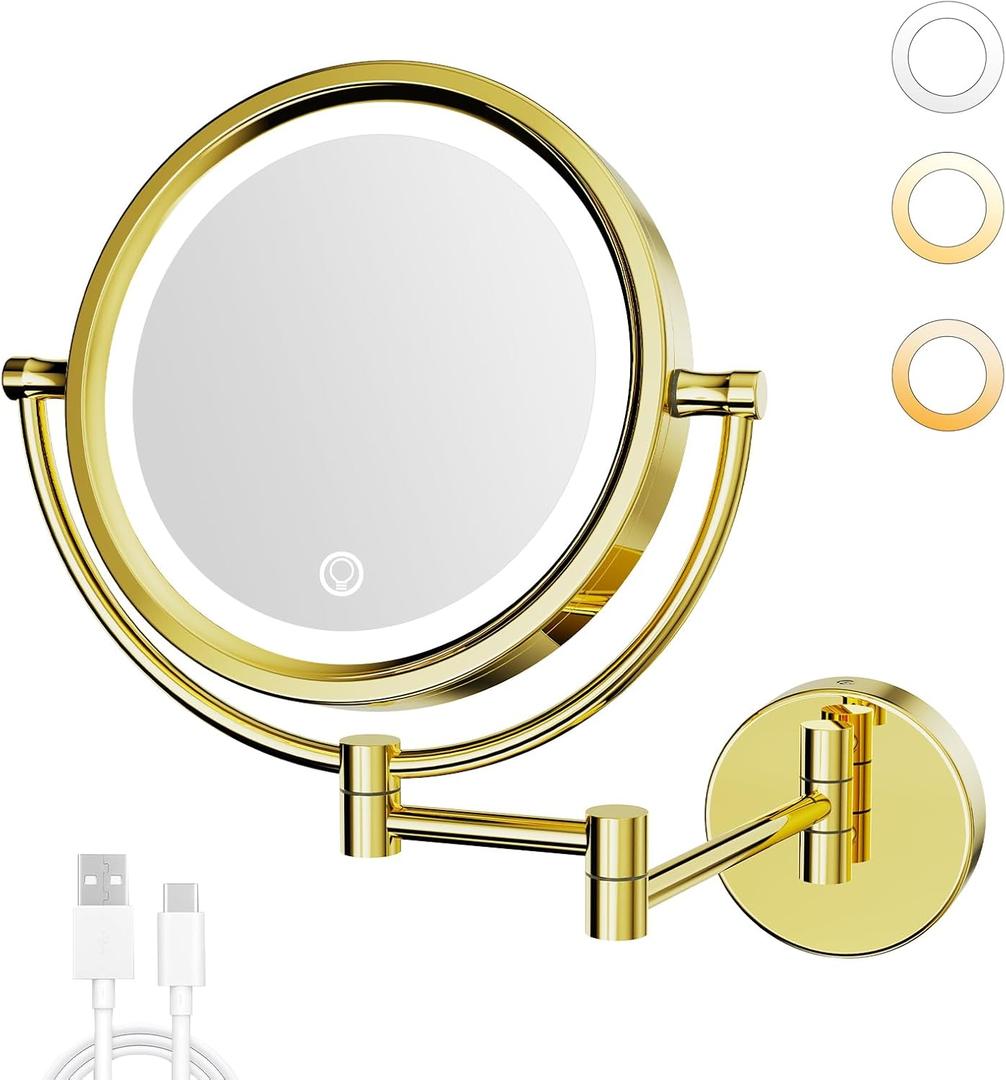 GURUN 10x Magnifying Mirror with Light Wall Mounted Makeup Mirror Dimmable 3 Color LED Beauty Mirror Touch Screen Brass Rechargeable Cosmetic Mirror with Extension Arm-Polished Gold (15.7"L x 11.8"W)
