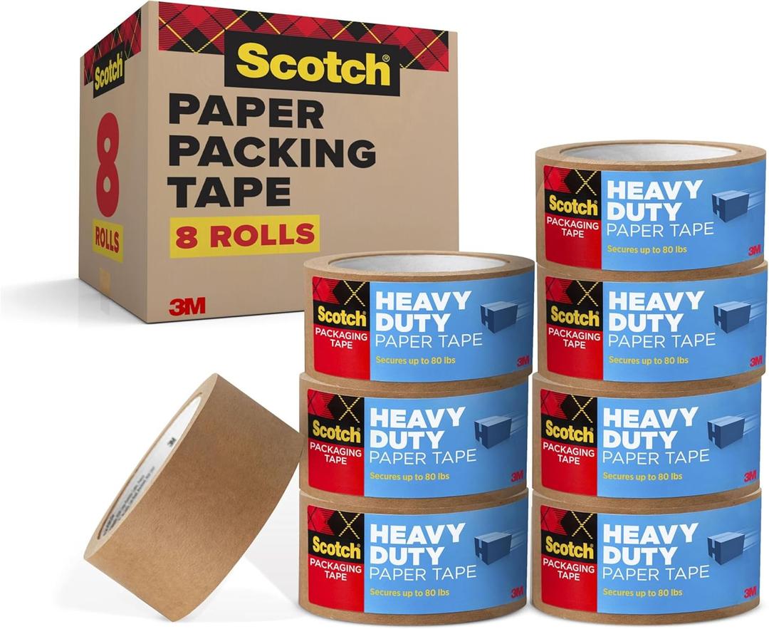 Scotch Box Lock Paper Packing Tape, Kraft Brown, Extreme Grip Kraft Paper Tape That Recycles with The Box, Shipping Tape, 1.88 in. x 25 yd., 8 Tape Rolls