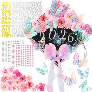 35 Pcs Graduation Cap Decorations Kits DIY Pink Faux Flower Heads 3D Butterfly Bow Ornament Adhesive Rhinestones Glitter Alphabet Letter Number Sticker for Grad Cap Topper Graduation Party DIY Crafts